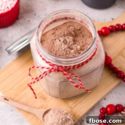 Close up photo of a jar with homemade hot chocolate mix in it with a baking twine ribbon around the neck of the jar.
