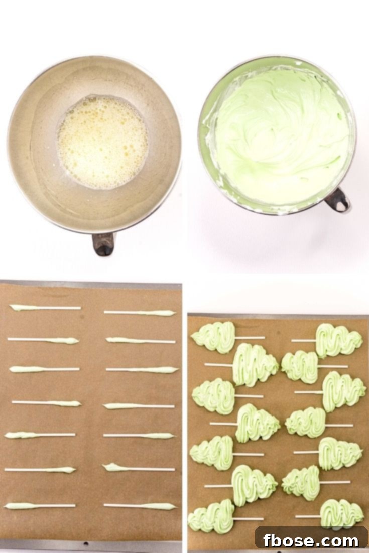 Step by step photo collage showing how to make christmas tree meringues.