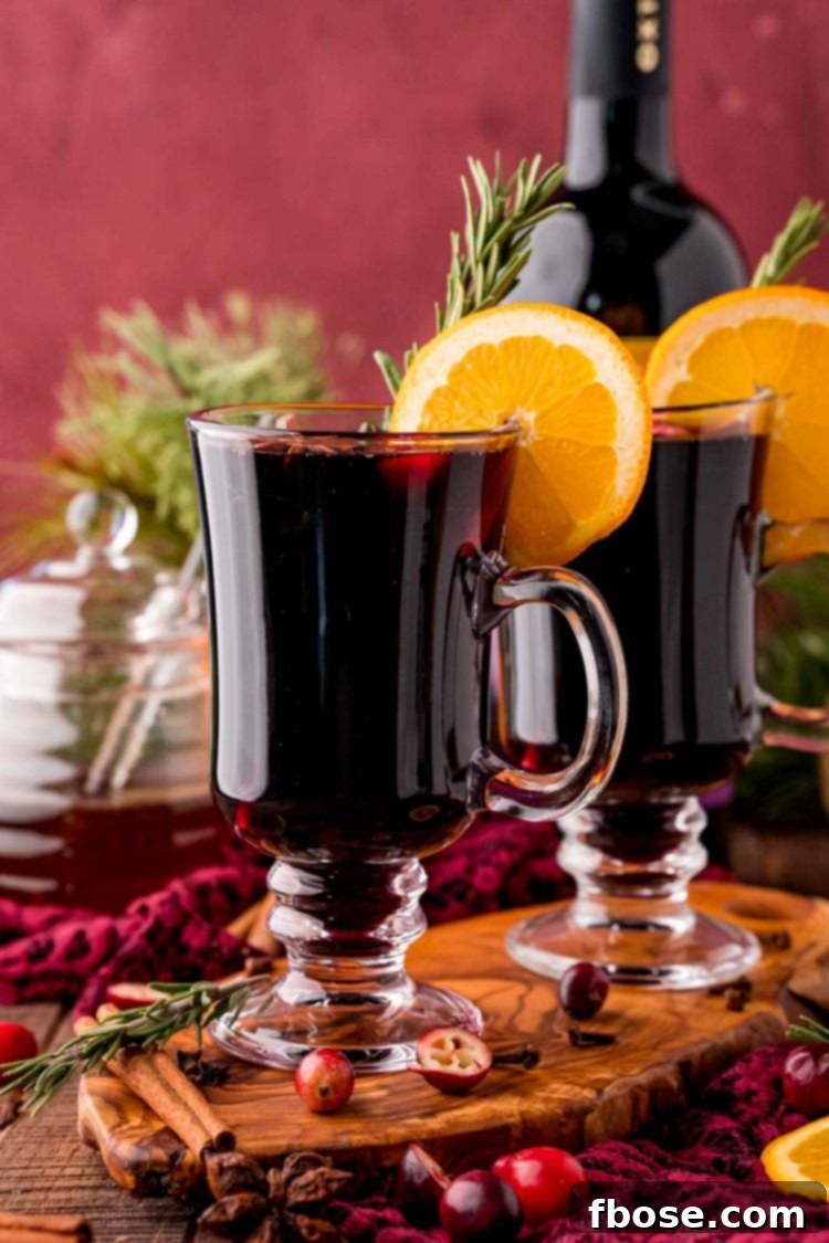 Straight on photo of two glass mugs of mulled wine on a wooden board with honey and a bottle of wine in the background.