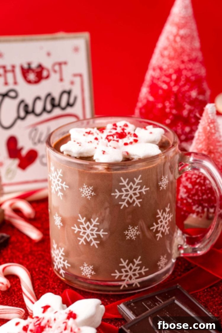 Close up photo of a glass mug with white snowflakes on it filled with peppermint hot chocolate and topped with a snowflake shaped marshmallow.