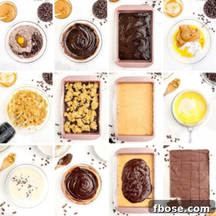 Buckeye Bliss Brownies 5 step by step photo collage showing how to make buckeye brownies.