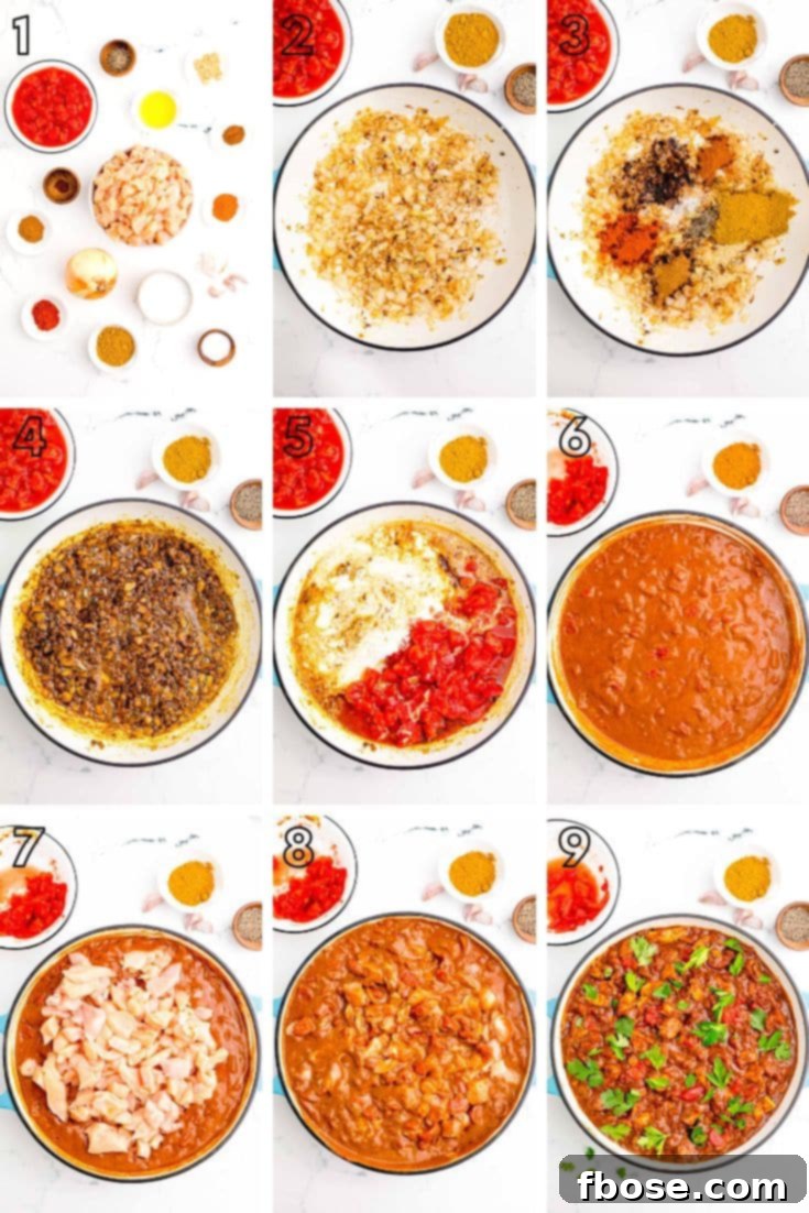 Effortless Madras Curry 5 Step by step photo collage showing how to make Madras curry from scratch, from ingredients to finished dish.