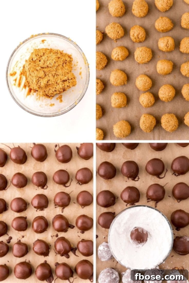 Step-by-step photo collage showing how to make muddy buddy balls (aka puppy chow truffles)
