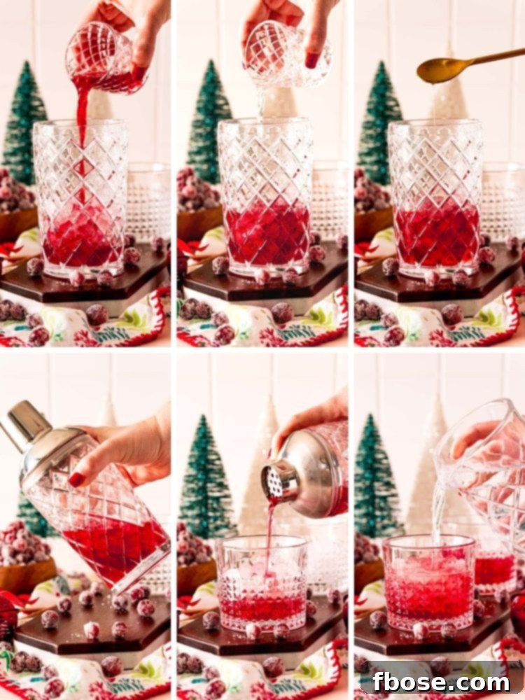 Step-by-step photo collage showing how to make a sparkling vodka cranberry.