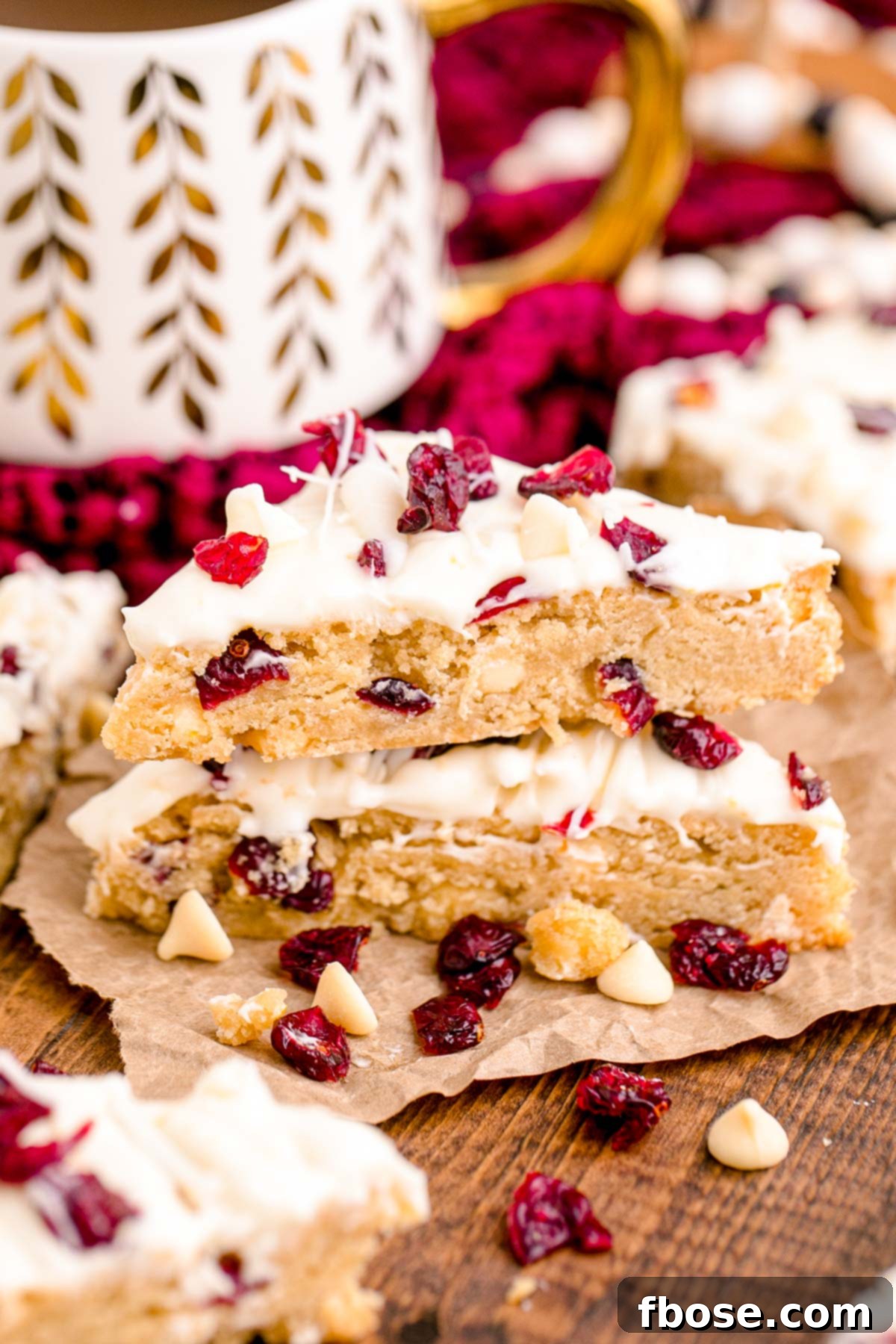 Beautifully cut Cranberry Bliss Bars artfully arranged on a wooden table, surrounded by loose cranberries and white chocolate chips, with a cozy holiday mug in the background.