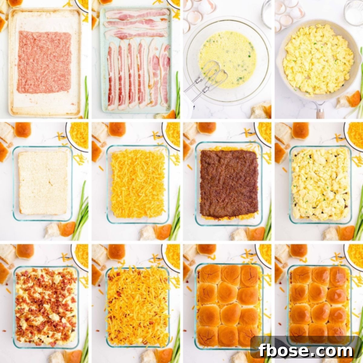 Photo collage show how to make breakfast sliders step by step.