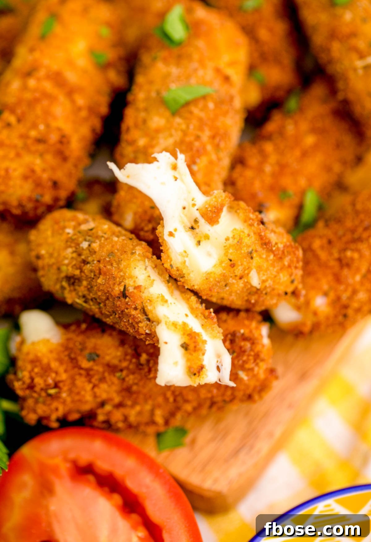 Mozzarella sticks on a wooden board.
