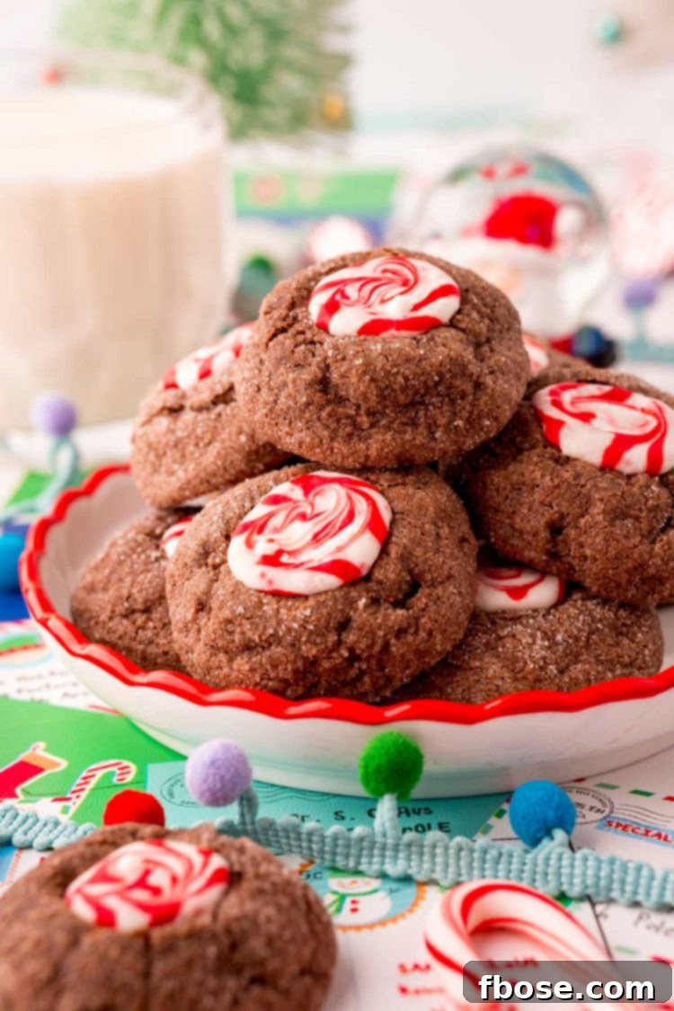 Mint Chocolate Thumbprint Treasures 9 Chocolate peppermint thumbprint cookies on a white plate with a red rim on christmas wrapping paper with a glass of milk in the background.