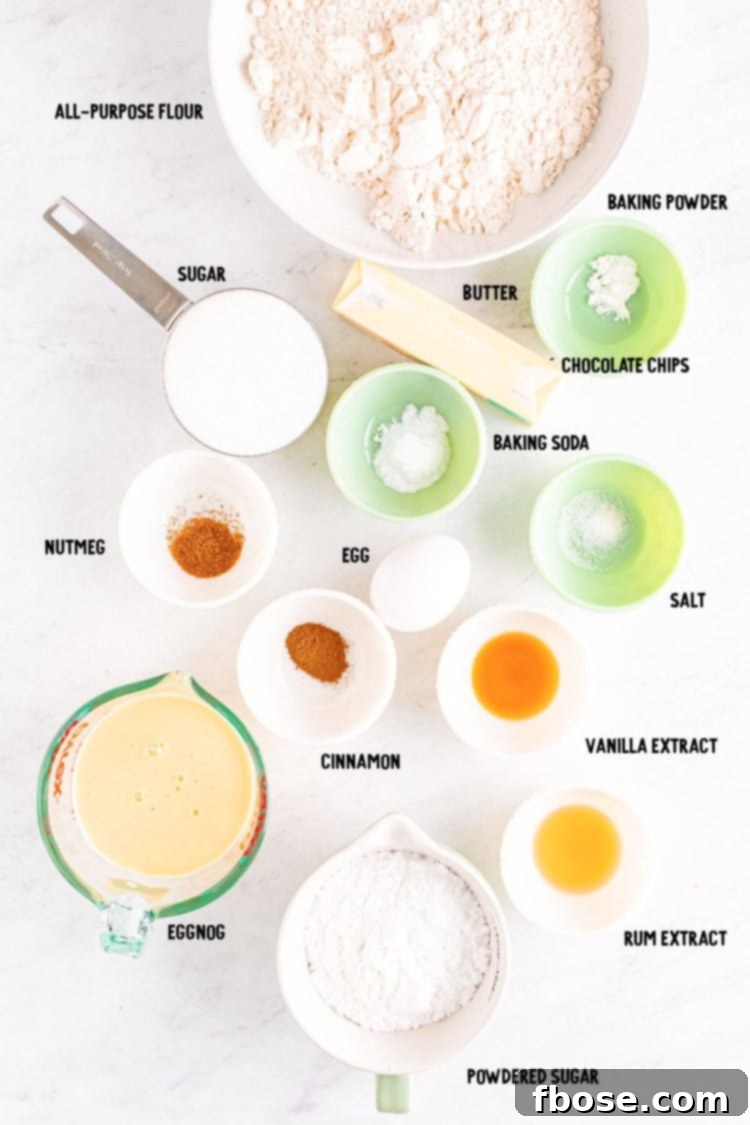Overhead photo of ingredients prepped to make eggnog bread on a marble table.