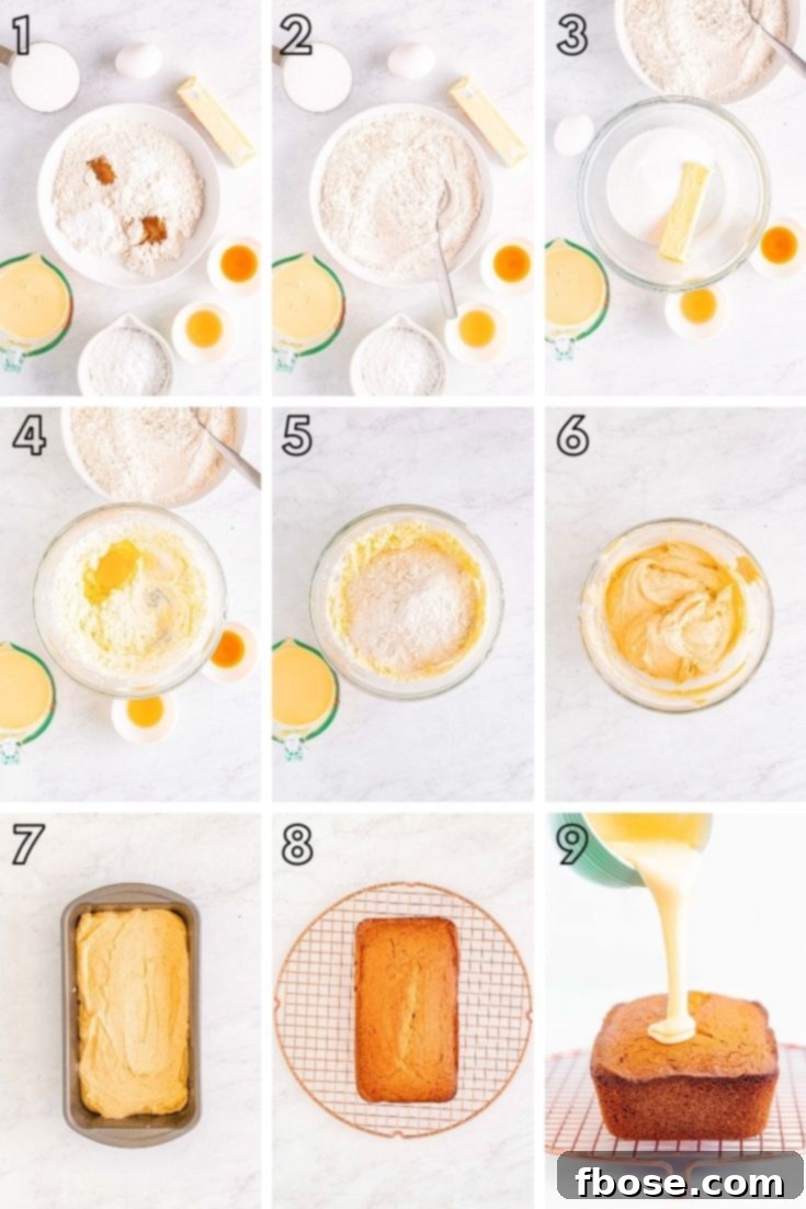 Step-by-step photo collage showing how to make eggnog bread from scratch.