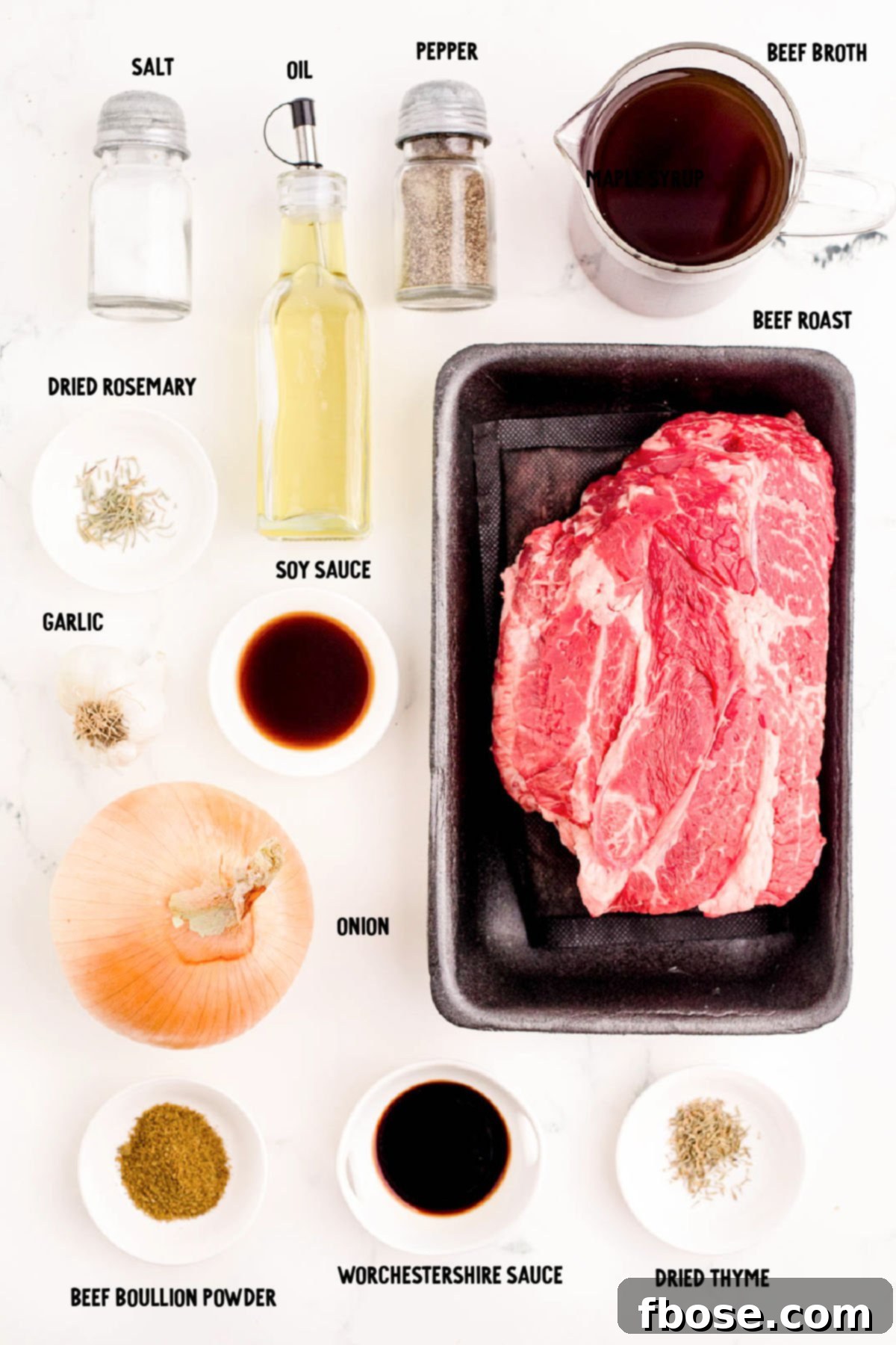Arrangement of fresh ingredients for French Dip sandwiches on a white table, including beef, onions, spices, and sauces.