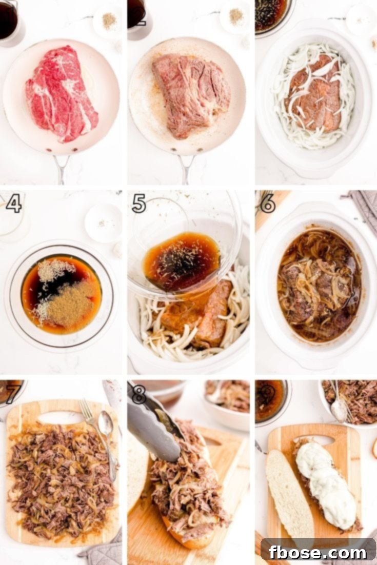 Step-by-step photo collage illustrating how to make slow cooker French Dip sandwiches, from searing to serving.