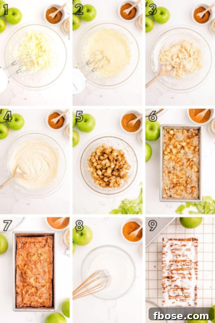 Step by step photo collage showing how to make apple fritter bread, from mixing ingredients to layering and the final baked loaf.