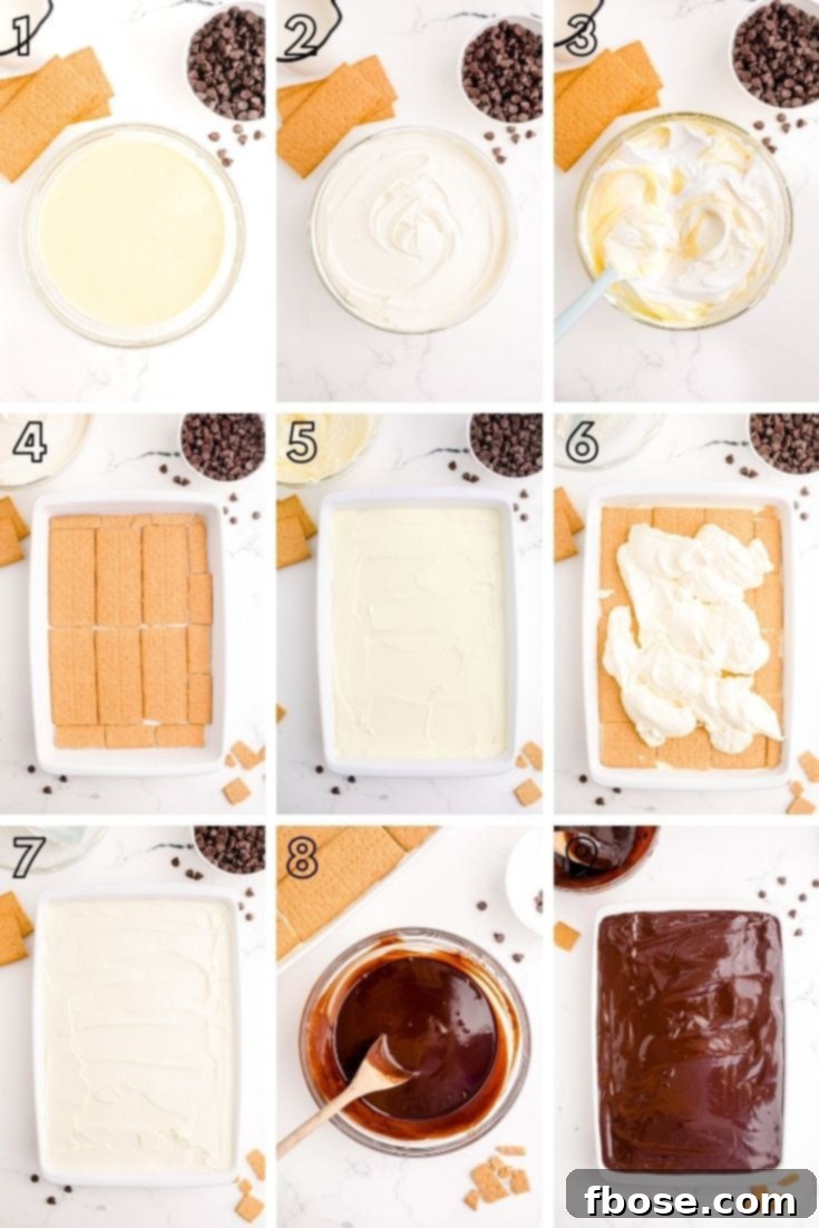 Step by step photo collage showing how to make eclair icebox cake.