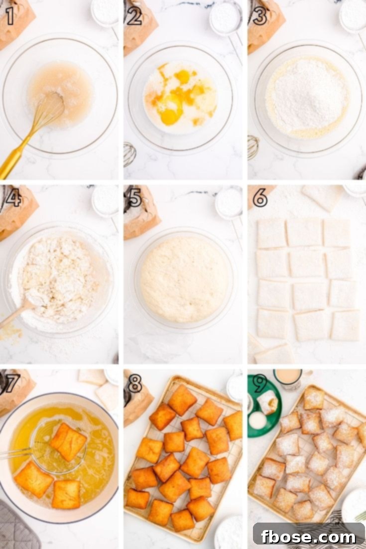 Step by step photo collage showing how to make beignets from scratch.