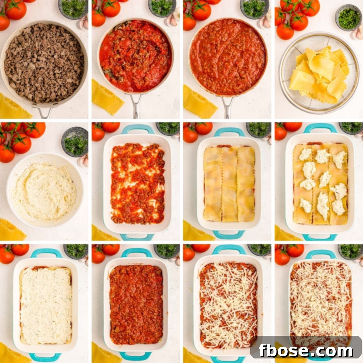 step by step photo collage showing how to make lasagna from scratch.