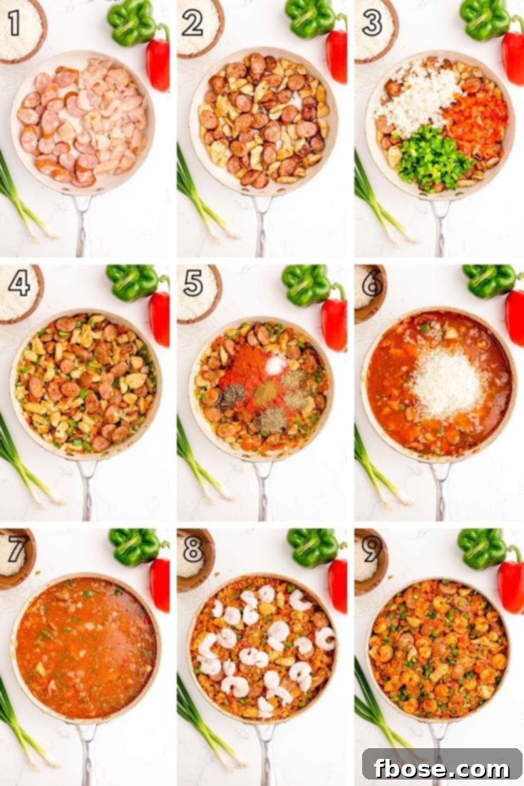 Step-by-step photo collage showing how to make jambalaya.