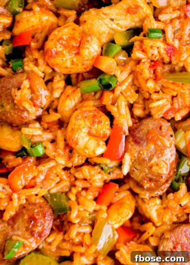Close up photo of jambalaya with shrimp, sausage, and chicken.
