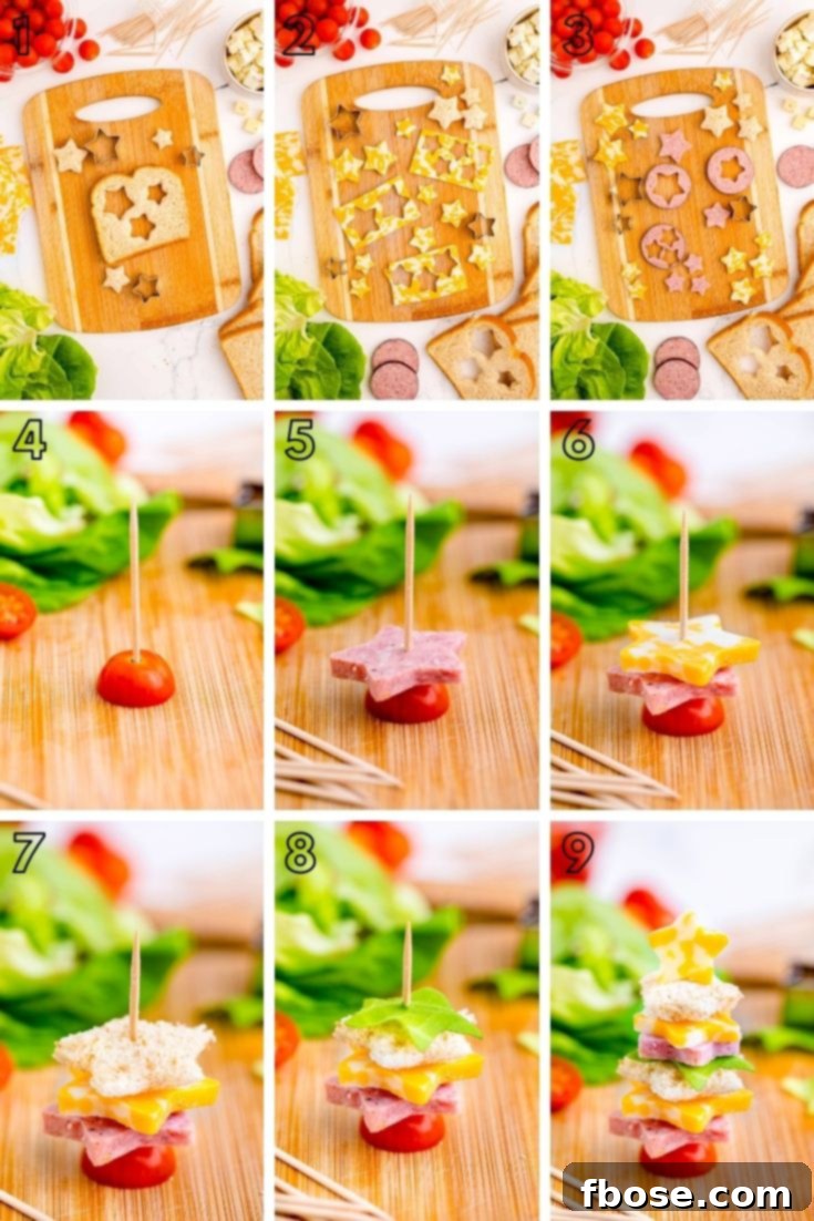 A step-by-step photo collage illustrating the process of assembling the festive Christmas tree shaped appetizers from cutting to final stack.