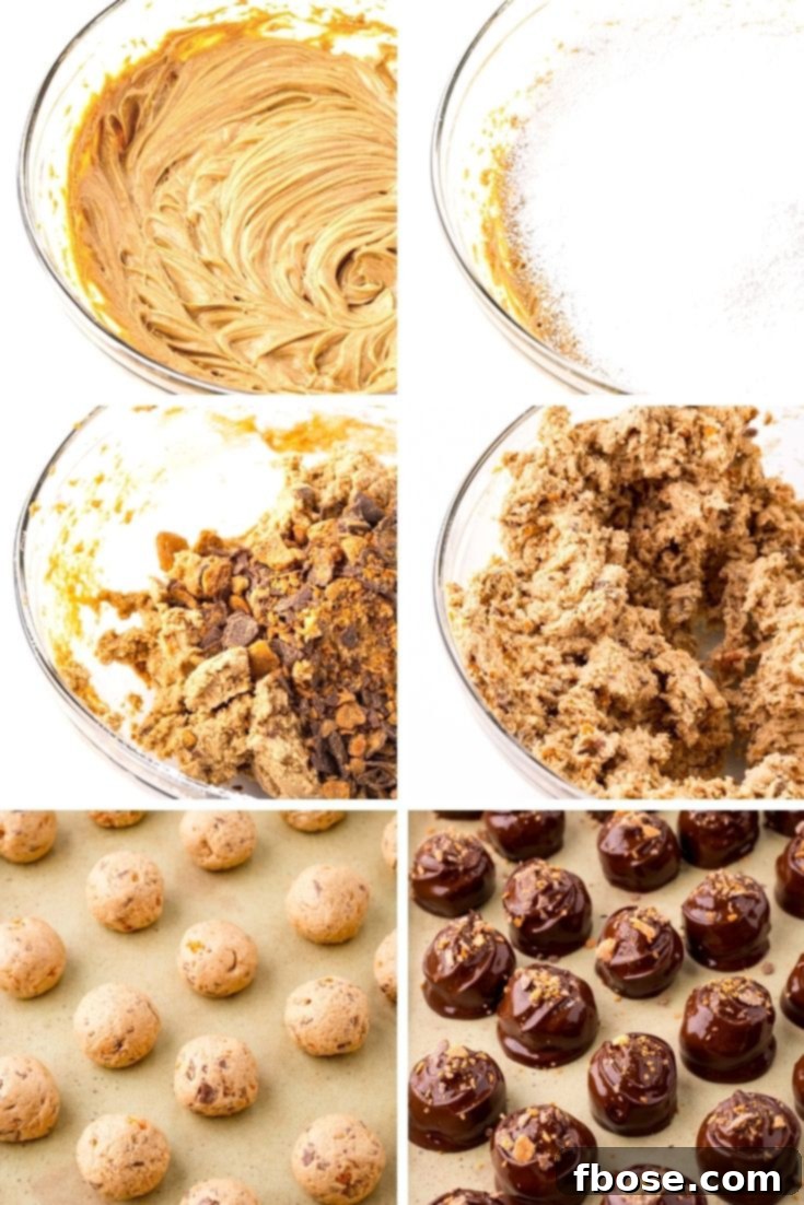 A step-by-step photo collage illustrating the process of making Butterfinger truffles, from mixing ingredients to dipping in chocolate and sprinkling with bits.