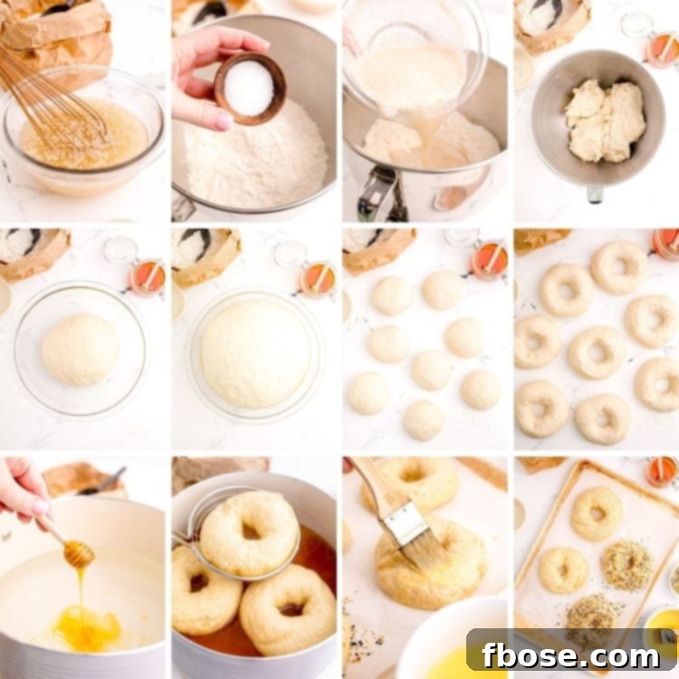 Crafting Your Own Bagels 5 step by step photo collage showing how to make bagels.