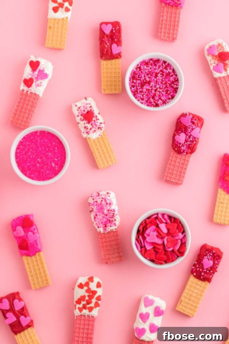 Sweetheart Wafer Layers 3 Overhead photo of Valentine's Day decorated sugar wafer cookies on a pink surface.