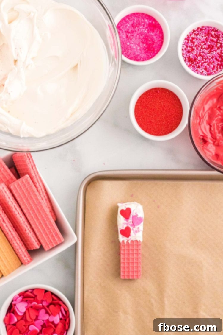 Sweetheart Wafer Layers 5 Ingredients on a marble counter making dipped sugar wafers decorated for Valentine's Day.