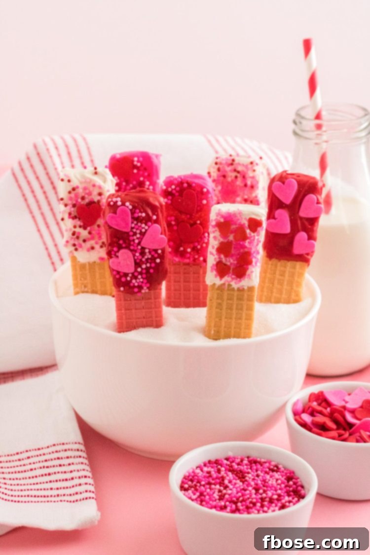 Sweetheart Wafer Layers 6 Valentine's Day decorated sugar wafer cookies in a white bowl with sprinkles and milk around.