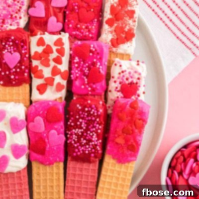 Close up photo of chocolate dipped wafer cookies decorated for Valentine's Day on a white plate on a pink surface.