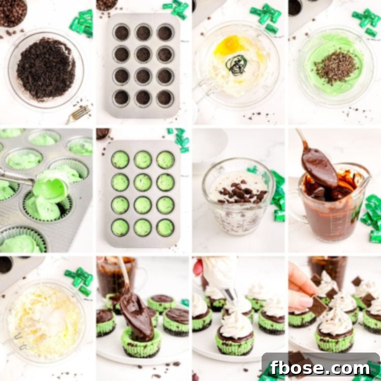 Mint Chocolate Oreo Cheesecakes 5 Step by step photo collage showing how to make mini mint chocolate oreo cheesecakes from scratch.