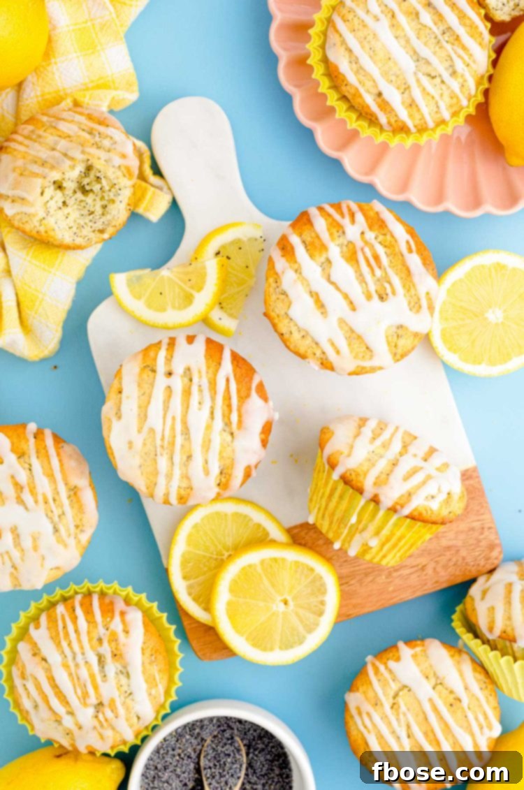 Overhead photo of lemon poppyseed muffins on a blue surface.