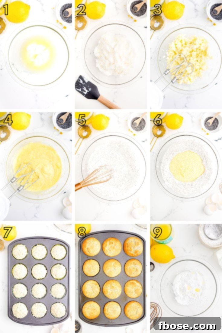 Step by step photo collage showing how to make lemon poppy seed muffins from scratch.