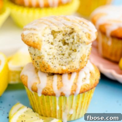 Close up photo of two lemon poppy seed muffins stacked with the top one missing a bite.