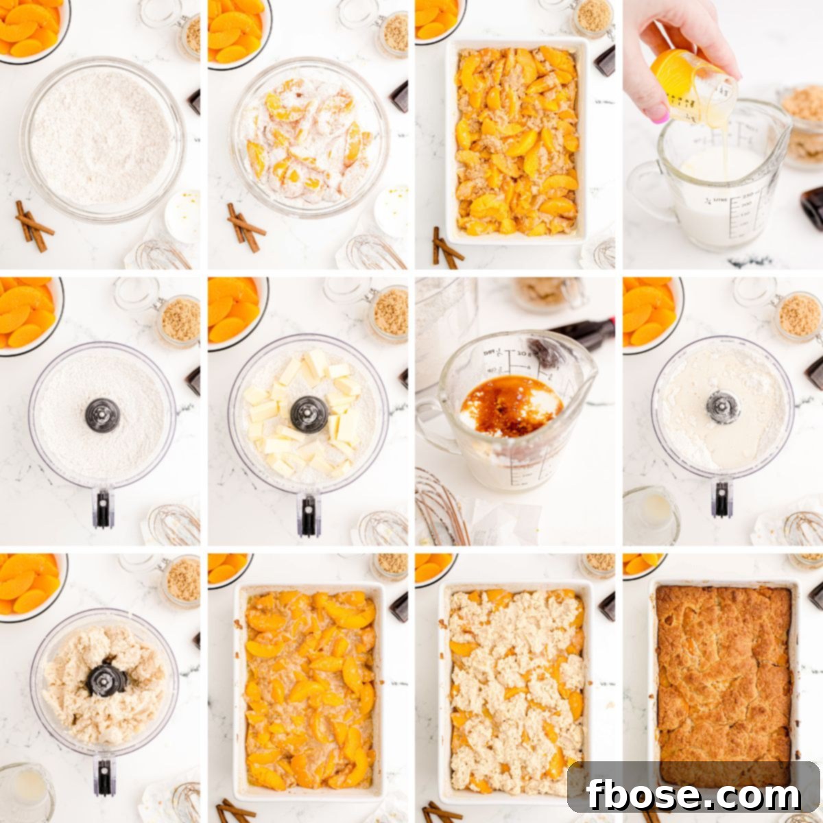 Step by step photo collage showing how to make peach cobbler with canned peaches.