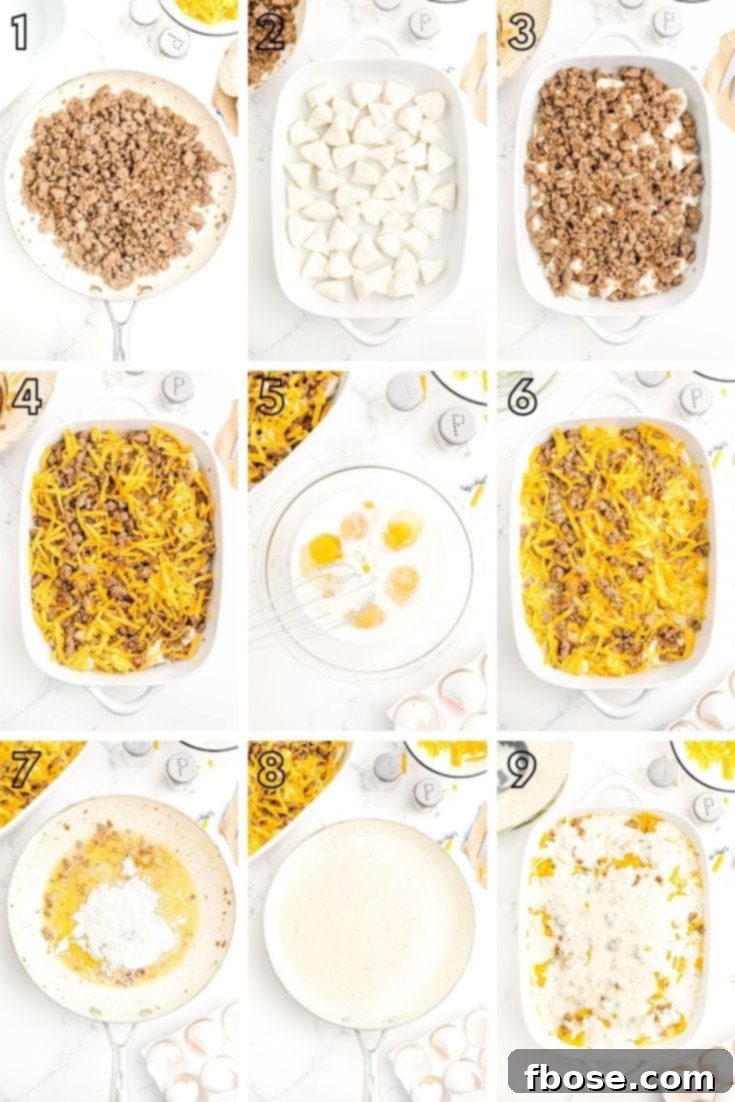 Step by step photo collage showing how to make biscuits and gravy casserole.