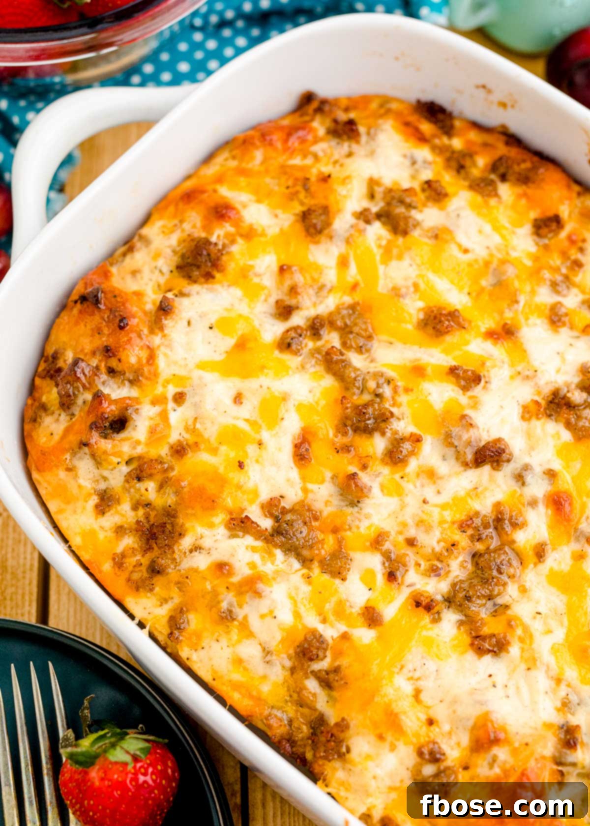 Close up of biscuits and gravy casserole in a white dish.