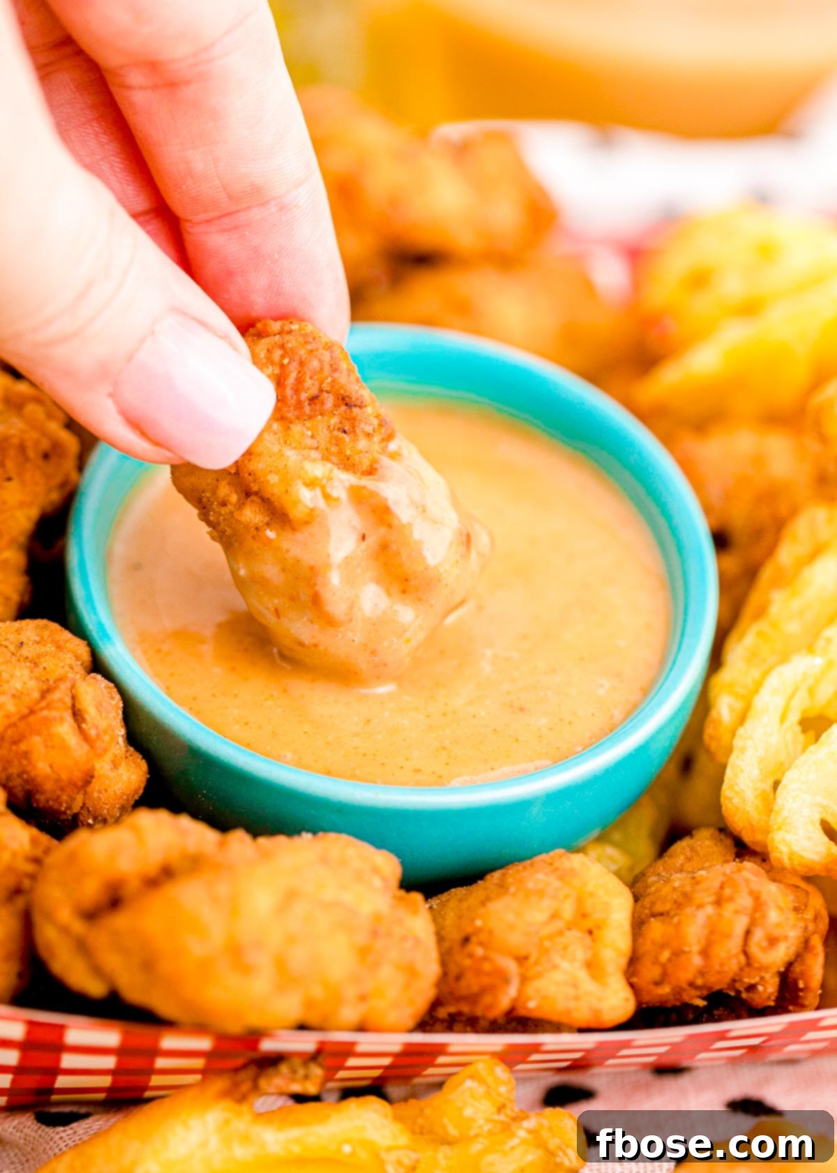 Close-up photo of a woman's hand dipping a Chick-fil-A nugget into homemade Chick-fil-A sauce in a teal bowl, highlighting the creamy texture.