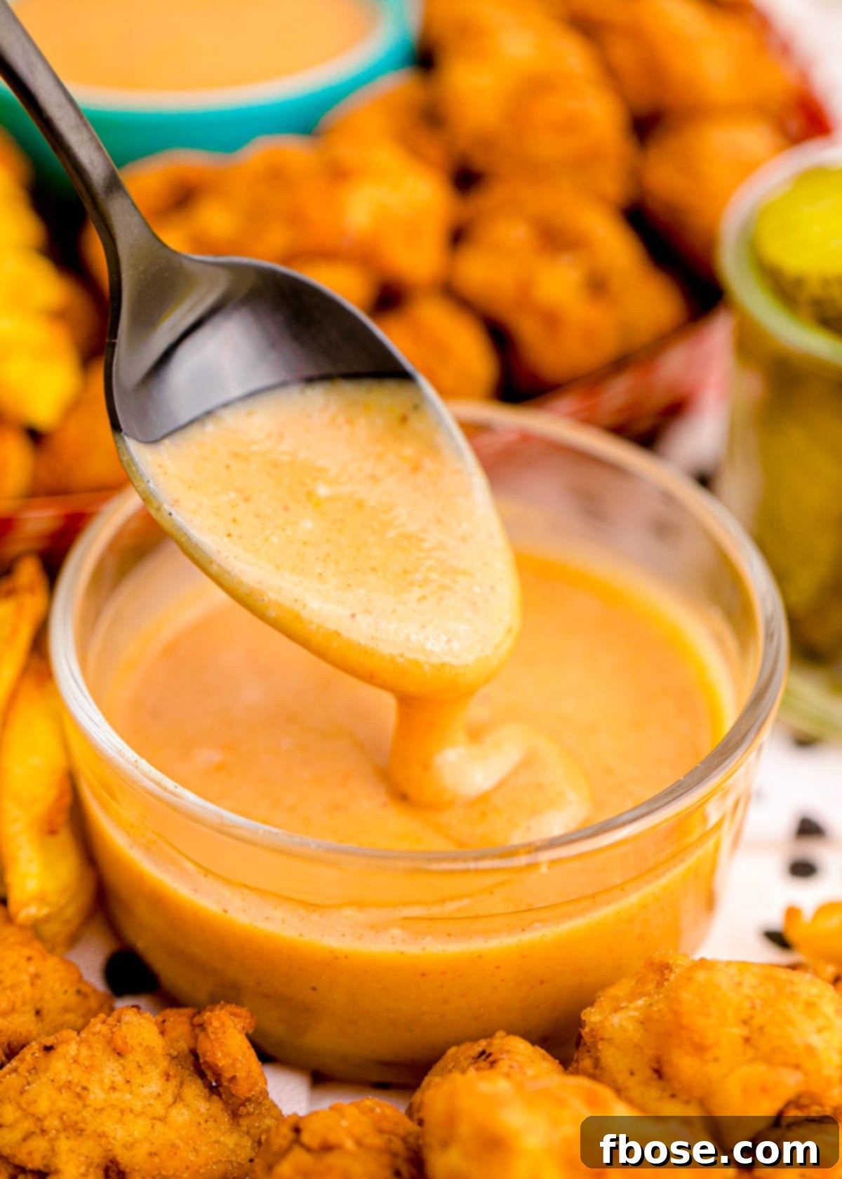 A spoon scooping creamy homemade Chick-fil-A sauce from a clear glass bowl, showcasing its smooth consistency.