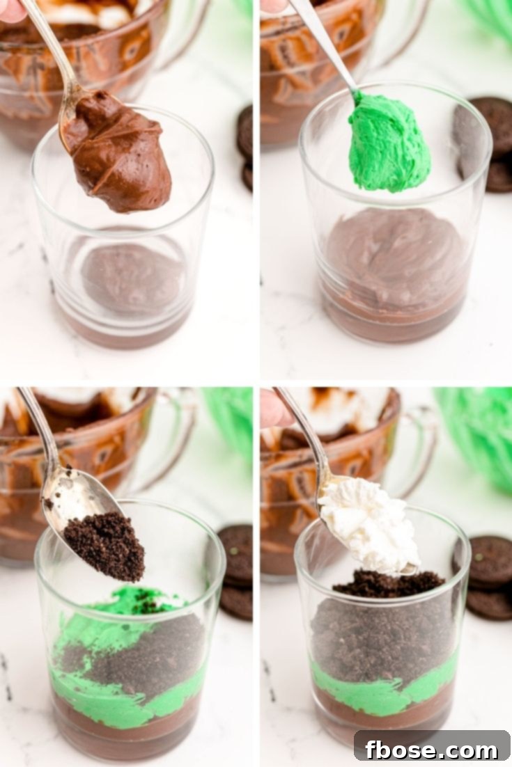 Step by step photos showing how to make dessert pudding cups for st. patrick's day.