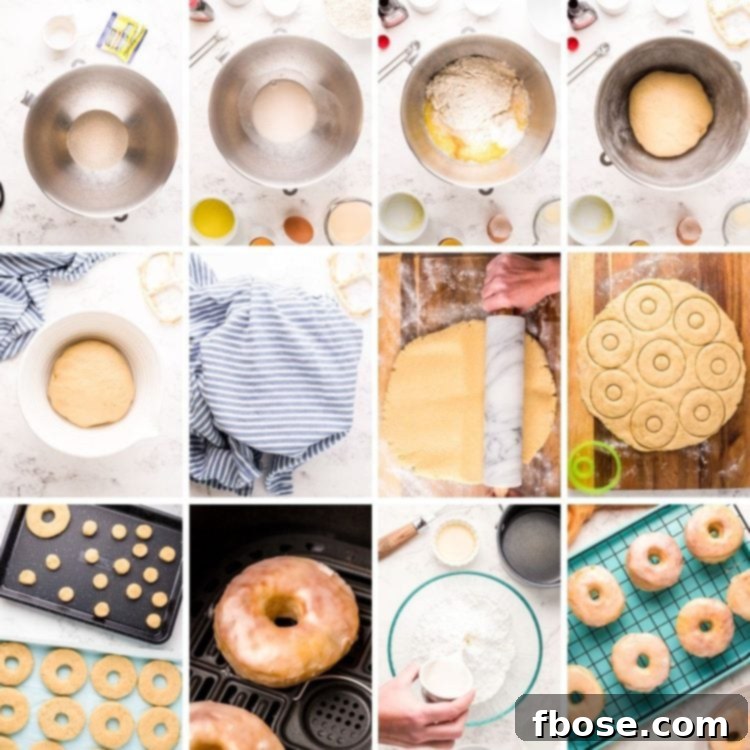 Step-by-step photo collage showing how to make yeast donuts in the air fryer.