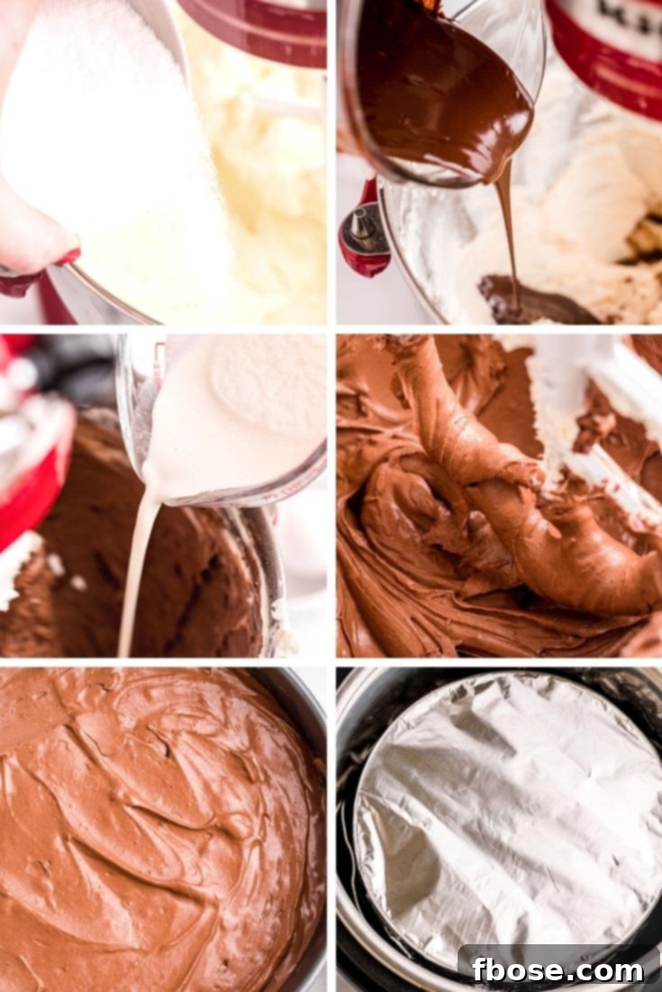 Decadent Instant Pot Chocolate Cheesecake 5 Step-by-step photo collage showing how to make instant pot chocolate cheesecake.