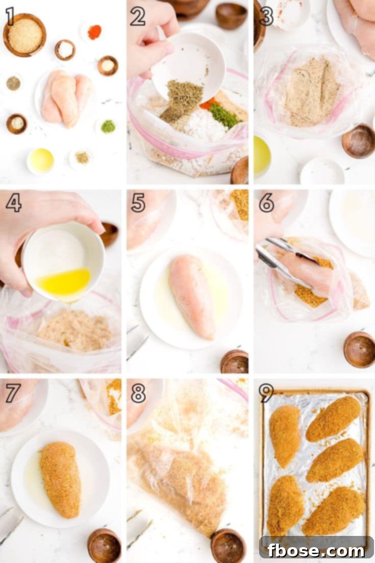 Step by step photo collage showing how to make homemade shake and bake chicken.