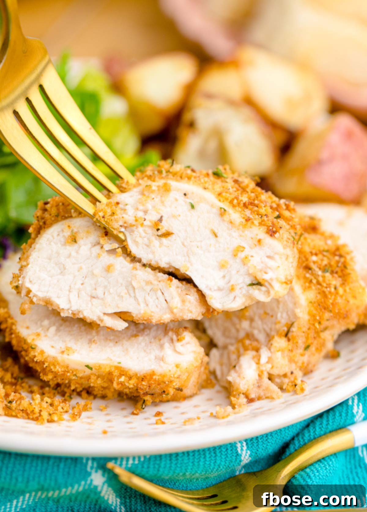 A fork taking a piece of shake and bake chicken off of a white plate.