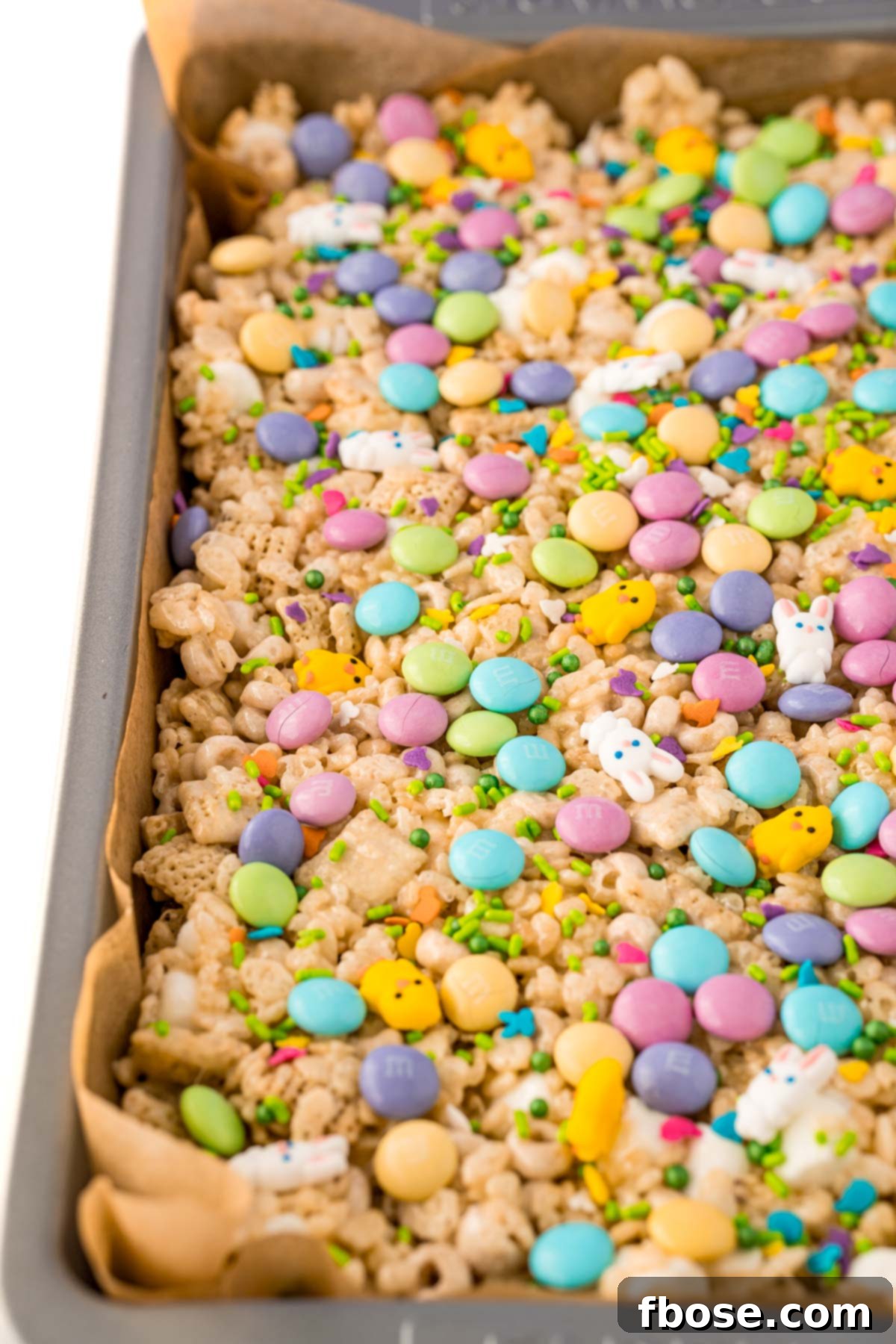 Easter rice krispie treats in a pan.