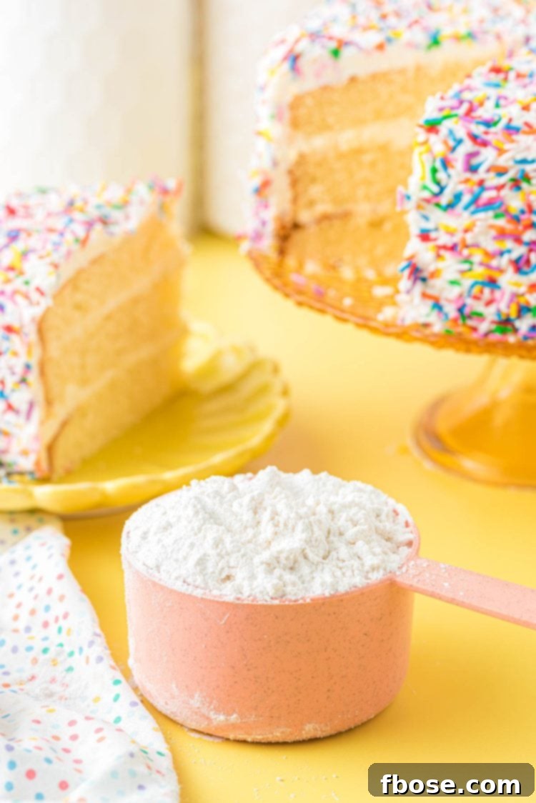 A measuring cup filled with homemade cake flour substitute, ready for baking, placed on a vibrant yellow surface.