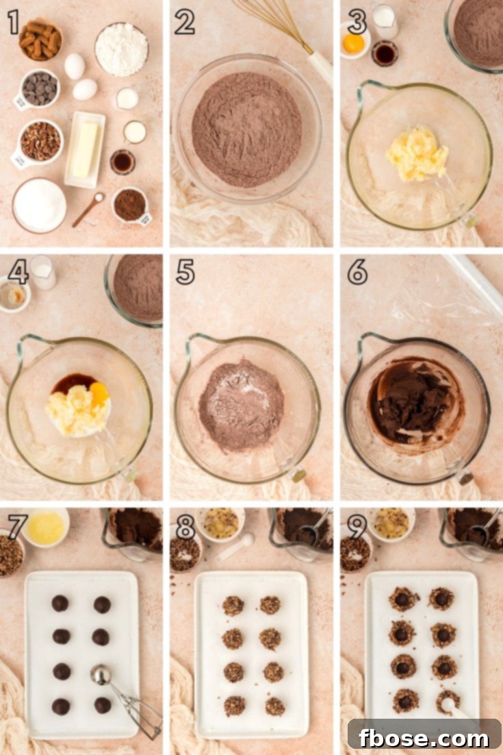 Decadent Turtle Thumbprint Delights 5 Step by step photo collage showing how to make turtle cookies from scratch.
