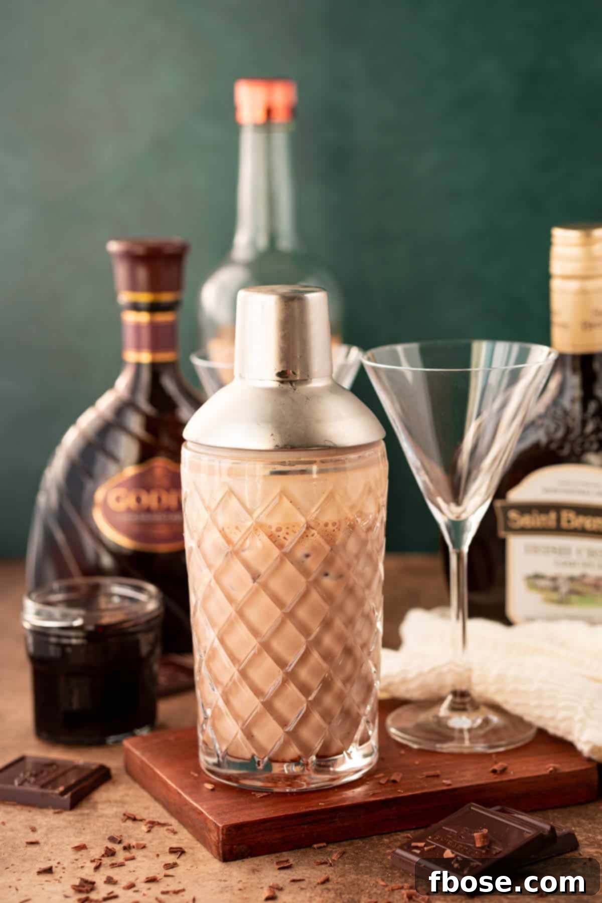 Chocolate martini in a cocktail shaker ready to be poured.