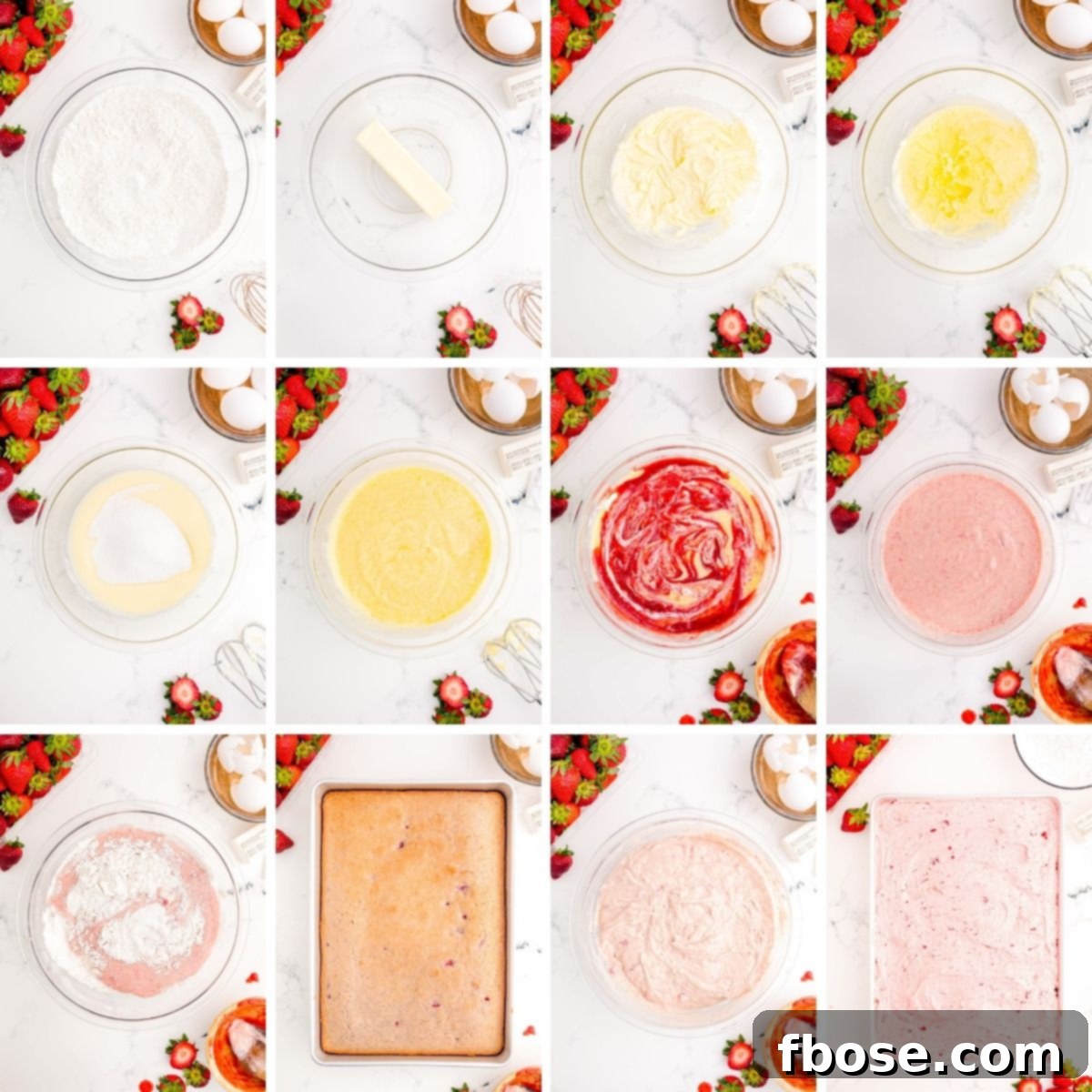 Step by step photo collage showing how to make a strawberry sheet cake from scratch.