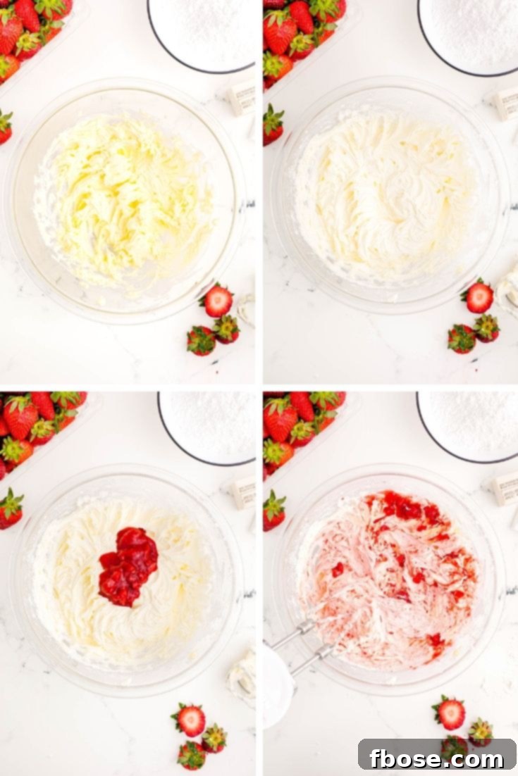 Step-by-step photo collage showing how to make strawberry buttercream frosting.