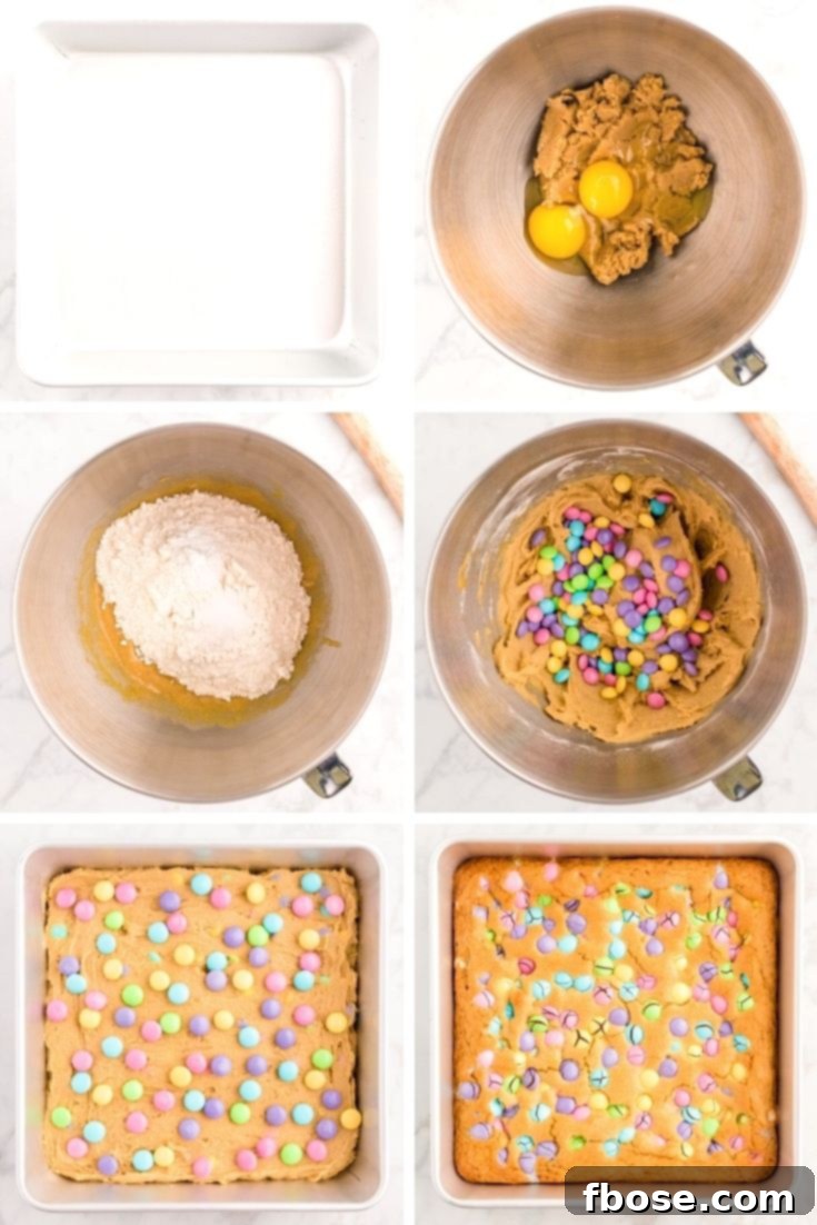 A step-by-step photo collage illustrating the process of baking Easter blondie bars, from mixing ingredients to adding M&Ms and baking.